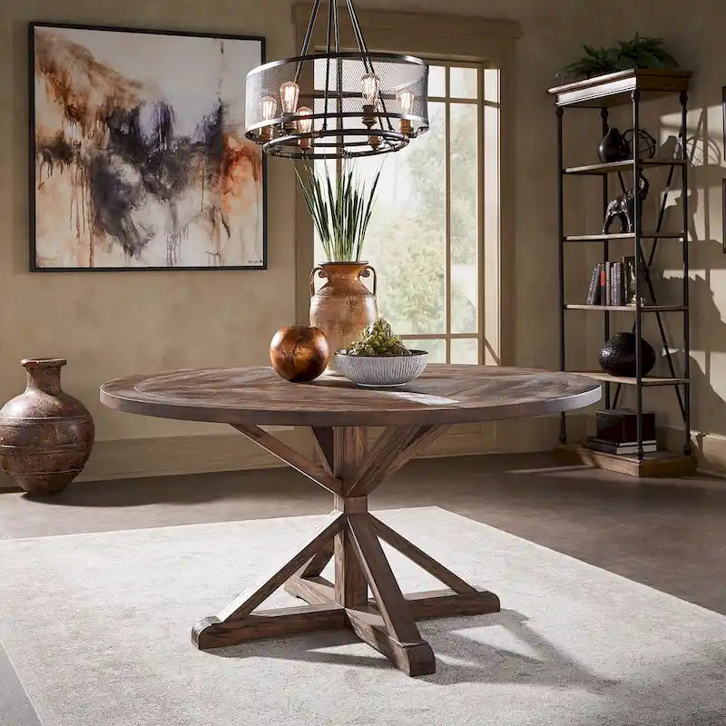 Mesa de comedor redonda rústica de madera de pino con base en X