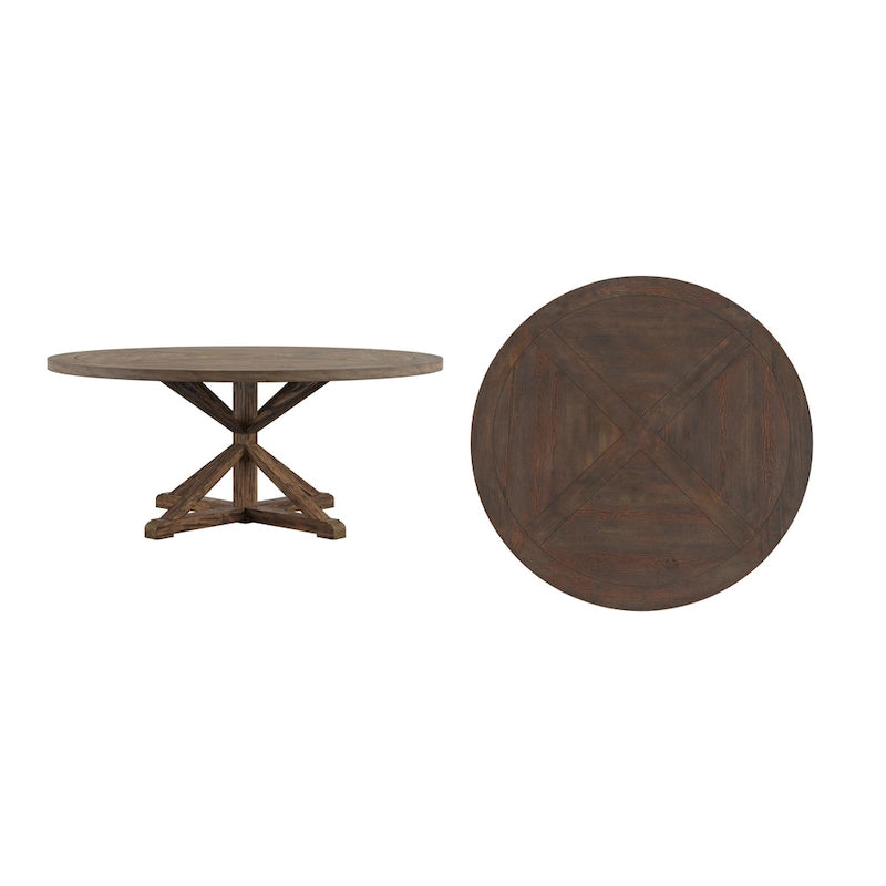 Mesa de comedor redonda rústica de madera de pino con base en X