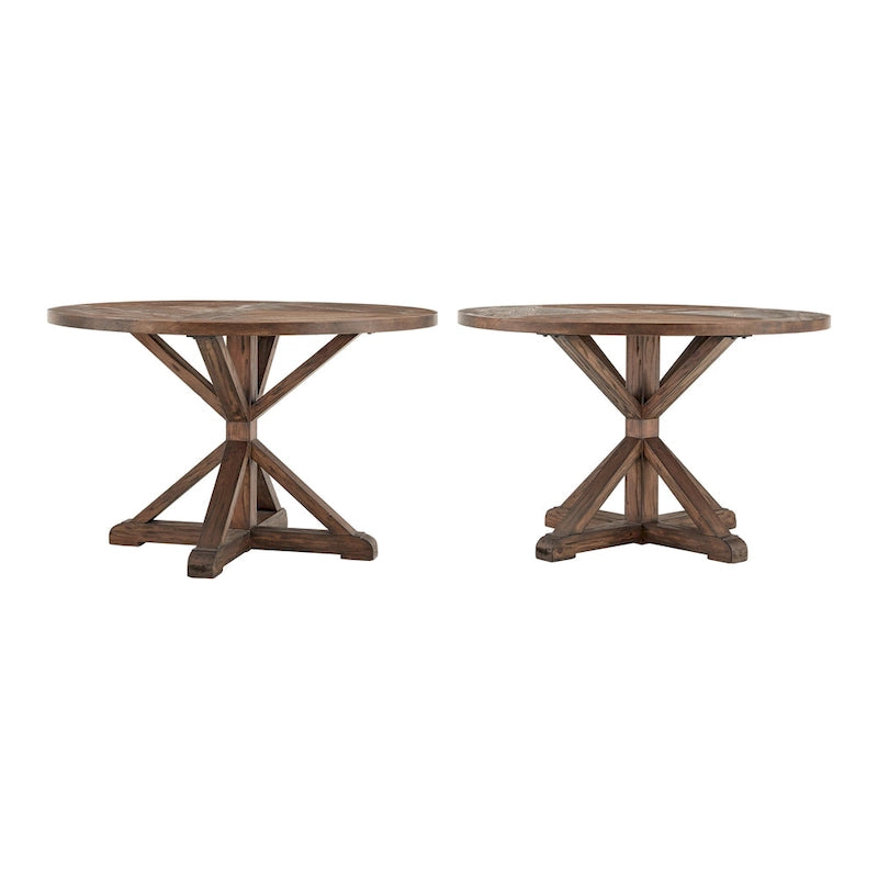 Mesa de comedor redonda rústica de madera de pino con base en X