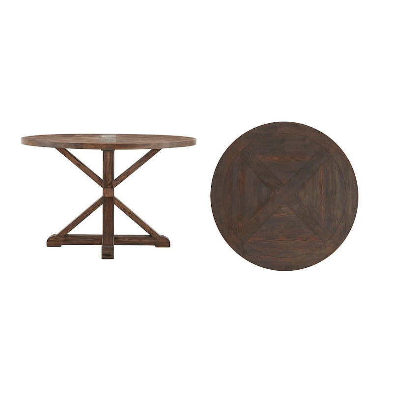 Mesa de comedor redonda rústica de madera de pino con base en X