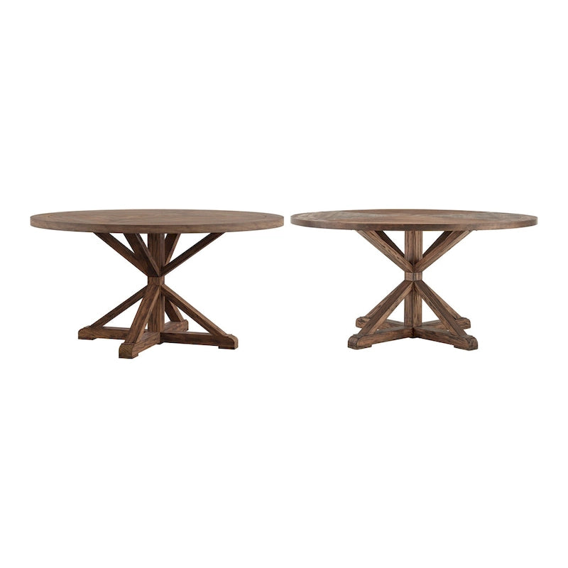 Mesa de comedor redonda rústica de madera de pino con base en X