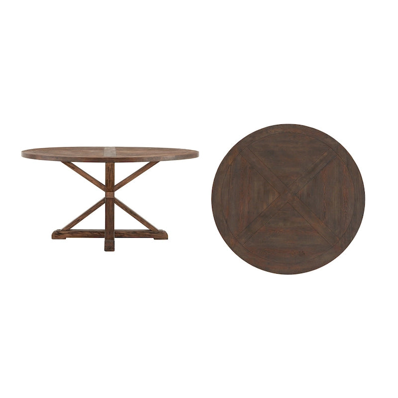 Mesa de comedor redonda rústica de madera de pino con base en X