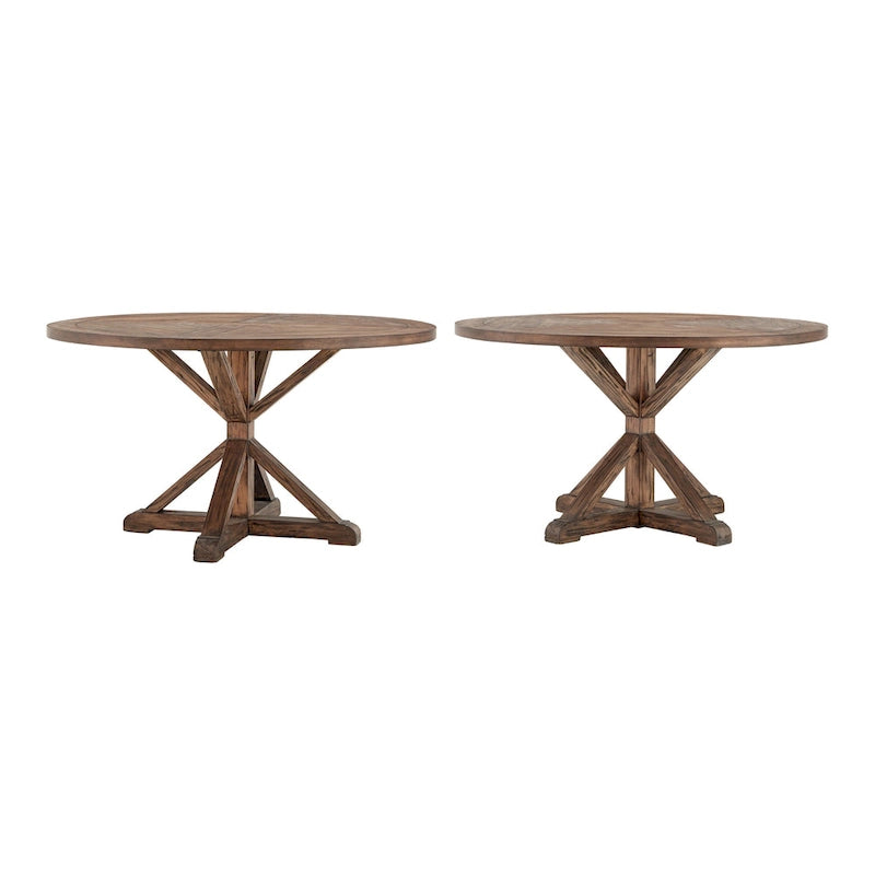 Mesa de comedor redonda rústica de madera de pino con base en X