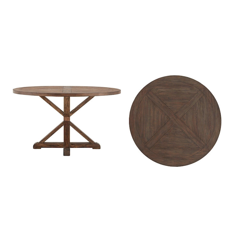 Mesa de comedor redonda rústica de madera de pino con base en X