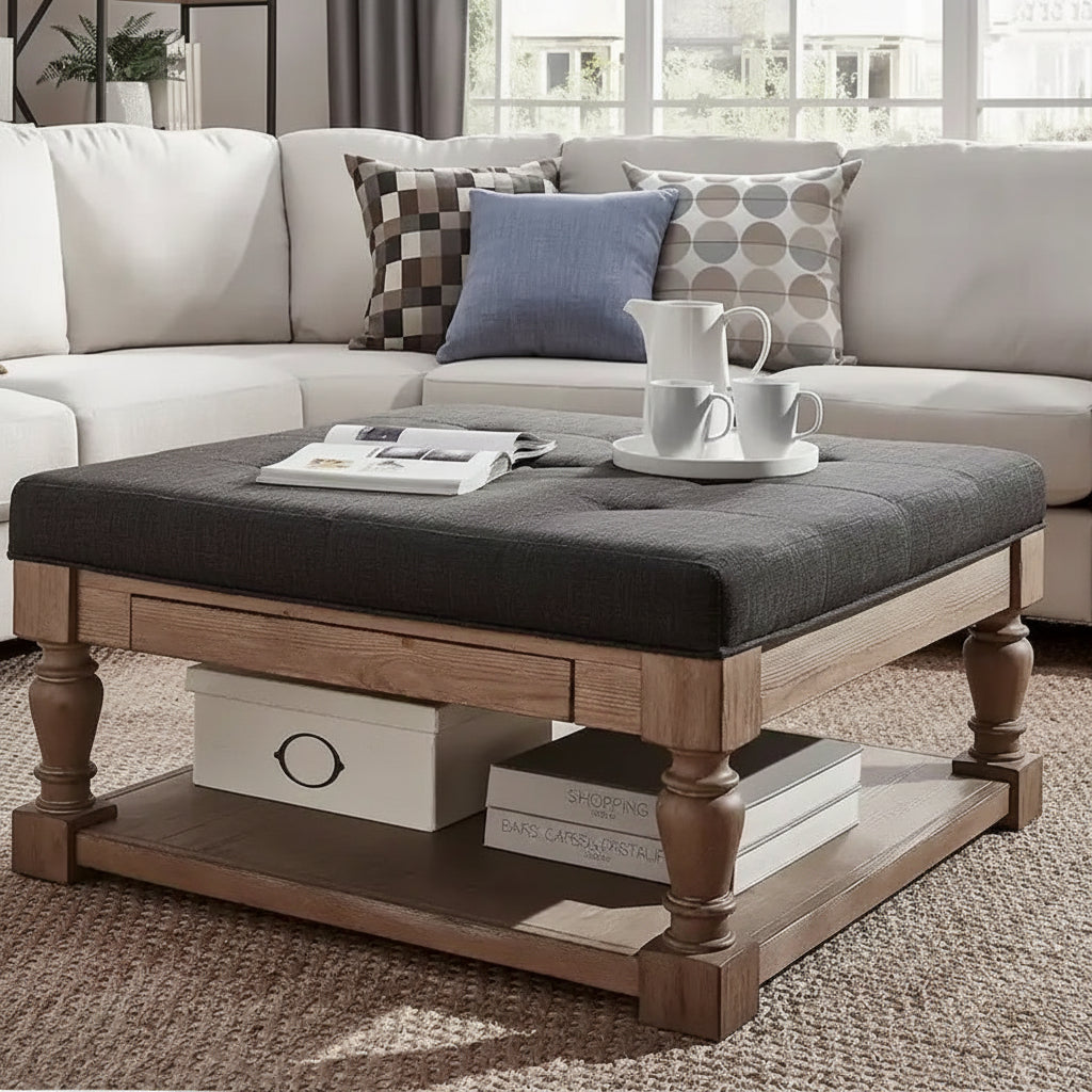 Mesa de centro otomana tapizada con almacenaje y balaustres