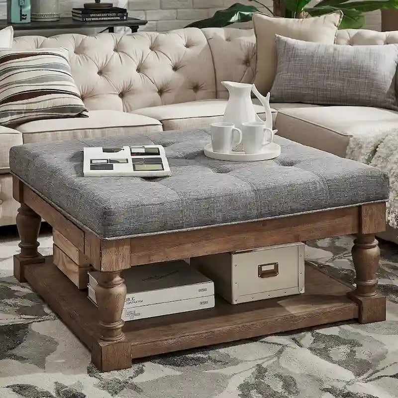 Mesa de centro otomana tapizada con almacenaje y balaustres