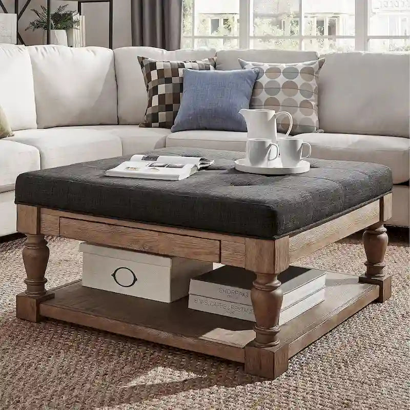 Mesa de centro otomana tapizada con almacenaje y balaustres