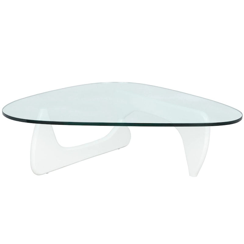 Mesa de centro decorativa triangular moderna de mediados de siglo de 36 pulgadas con tapa de cristal y base de madera para sala de estar