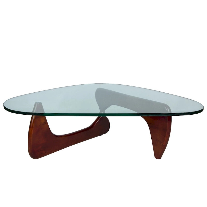 Mesa de centro decorativa triangular moderna de mediados de siglo de 36 pulgadas con tapa de cristal y base de madera para sala de estar