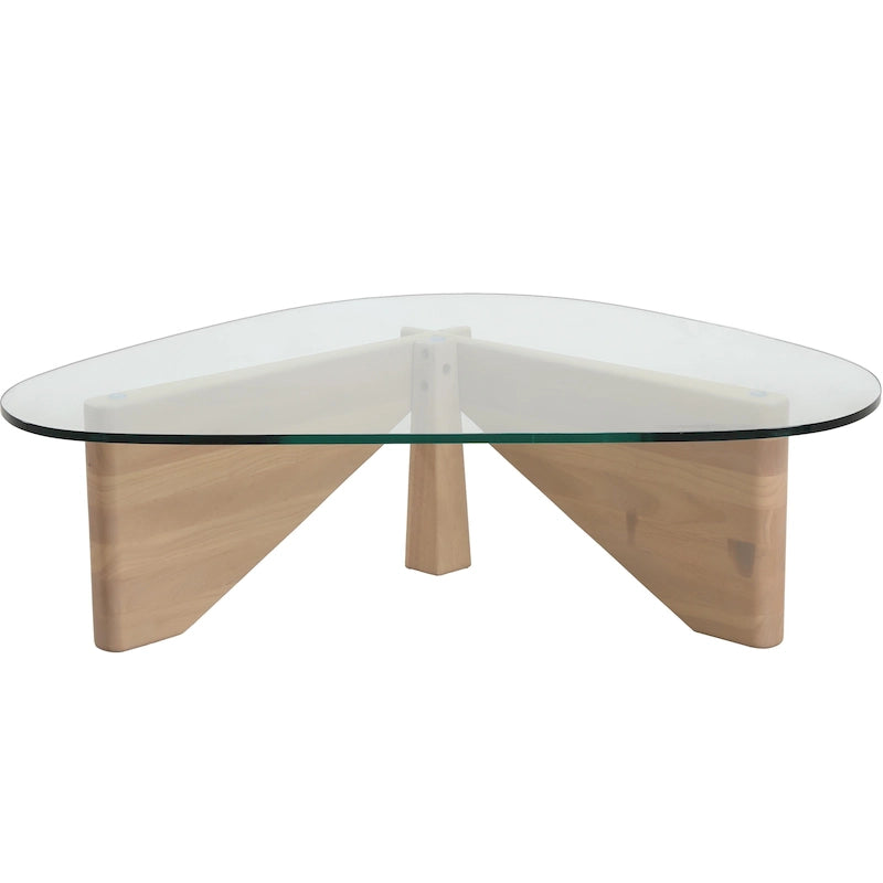 Mesa de centro decorativa triangular moderna de mediados de siglo de 36 pulgadas con tapa de cristal y base de madera para sala de estar