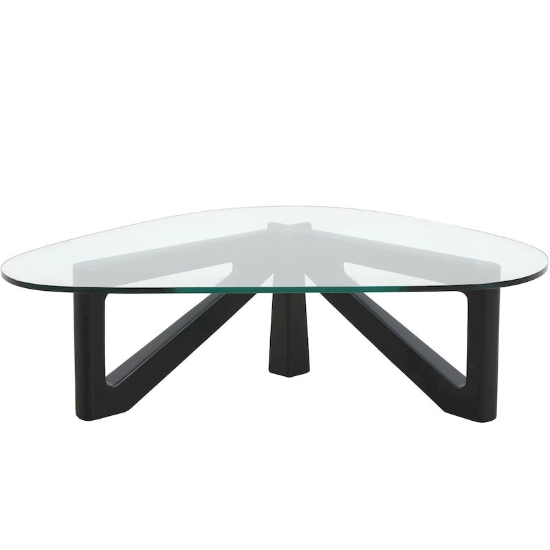 Mesa de centro decorativa triangular moderna de mediados de siglo de 36 pulgadas con tapa de cristal y base de madera para sala de estar