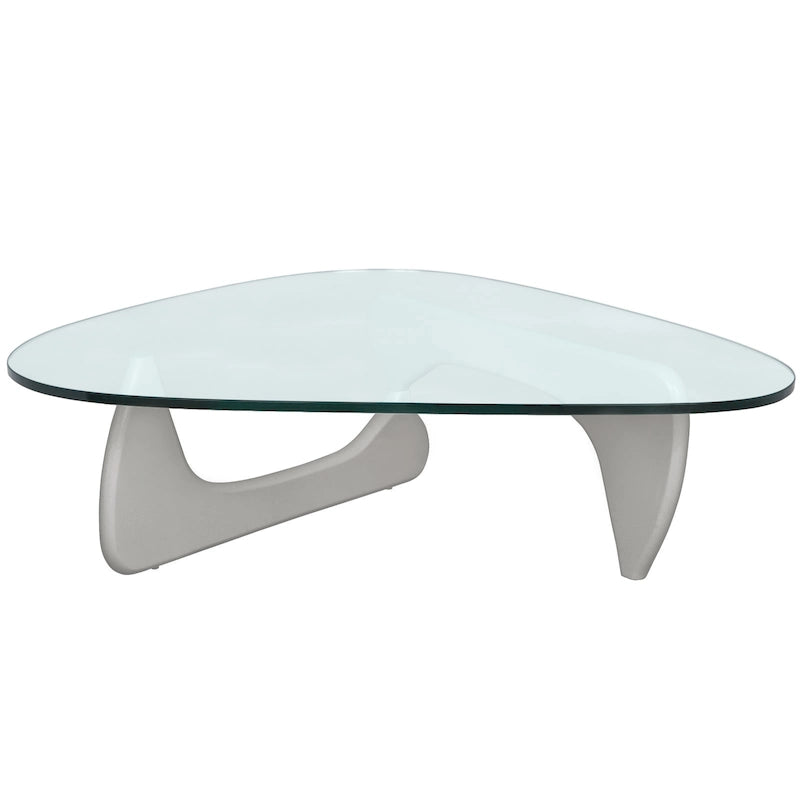 Mesa de centro decorativa triangular moderna de mediados de siglo de 36 pulgadas con tapa de cristal y base de madera para sala de estar