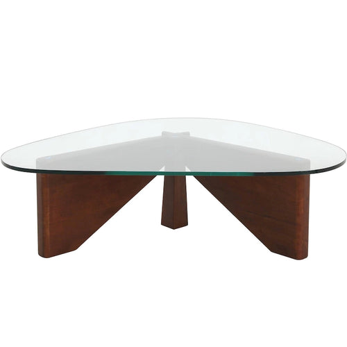 Mesa de centro decorativa triangular moderna de mediados de siglo de 36 pulgadas con tapa de cristal y base de madera para sala de estar