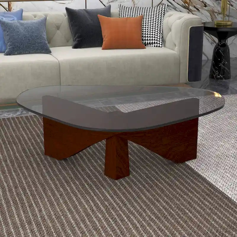 Mesa de centro decorativa triangular moderna de mediados de siglo de 36 pulgadas con tapa de cristal y base de madera para sala de estar