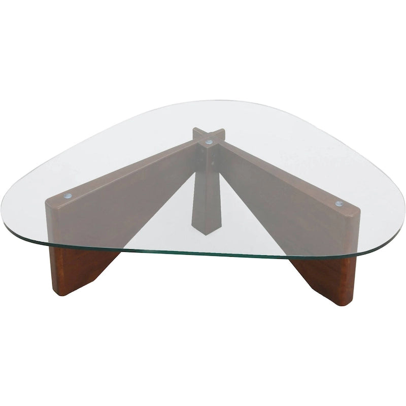 Mesa de centro decorativa triangular moderna de mediados de siglo de 36 pulgadas con tapa de cristal y base de madera para sala de estar