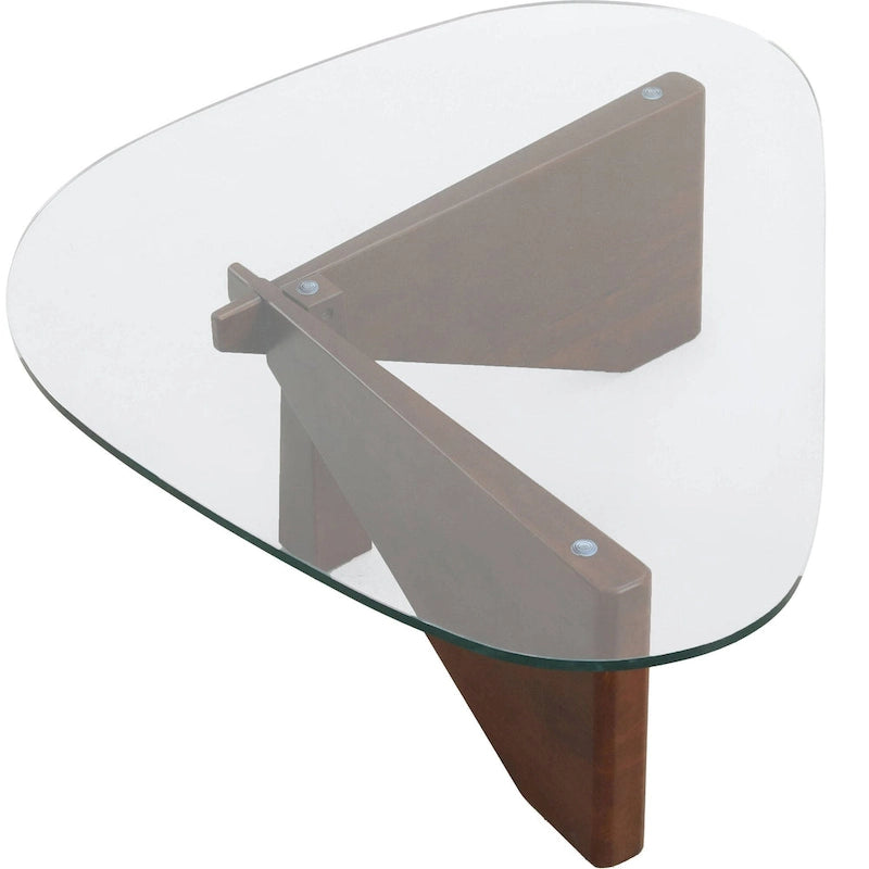 Mesa de centro decorativa triangular moderna de mediados de siglo de 36 pulgadas con tapa de cristal y base de madera para sala de estar
