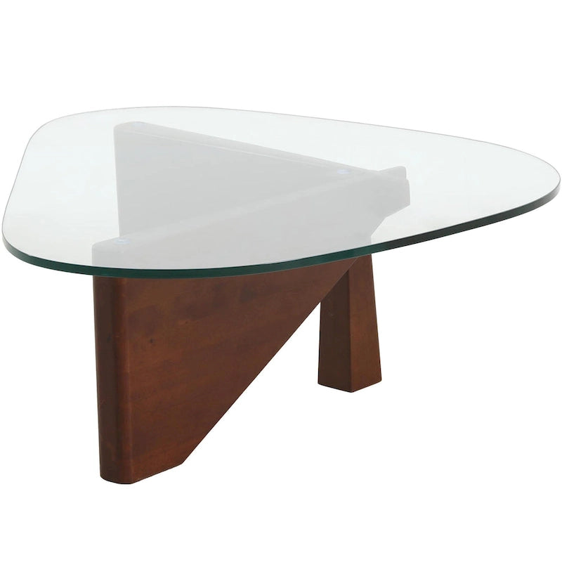 Mesa de centro decorativa triangular moderna de mediados de siglo de 36 pulgadas con tapa de cristal y base de madera para sala de estar