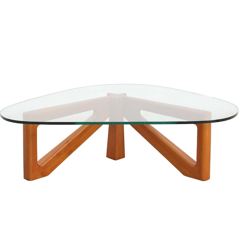 Mesa de centro decorativa triangular moderna de mediados de siglo de 36 pulgadas con tapa de cristal y base de madera para sala de estar