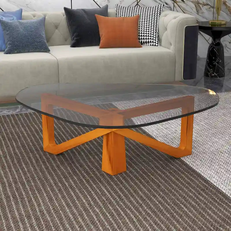 Mesa de centro decorativa triangular moderna de mediados de siglo de 36 pulgadas con tapa de cristal y base de madera para sala de estar