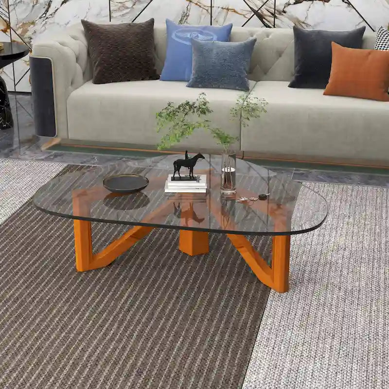 Mesa de centro decorativa triangular moderna de mediados de siglo de 36 pulgadas con tapa de cristal y base de madera para sala de estar