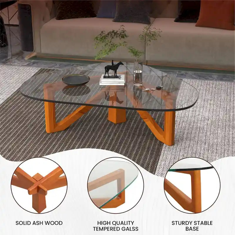 Mesa de centro decorativa triangular moderna de mediados de siglo de 36 pulgadas con tapa de cristal y base de madera para sala de estar