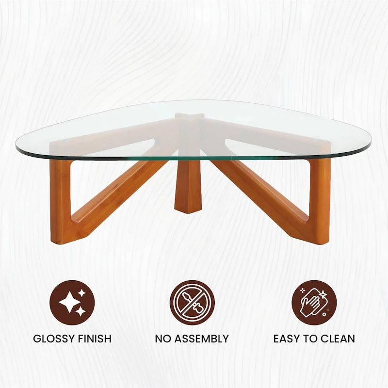 Mesa de centro decorativa triangular moderna de mediados de siglo de 36 pulgadas con tapa de cristal y base de madera para sala de estar