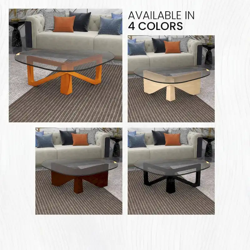 Mesa de centro decorativa triangular moderna de mediados de siglo de 36 pulgadas con tapa de cristal y base de madera para sala de estar