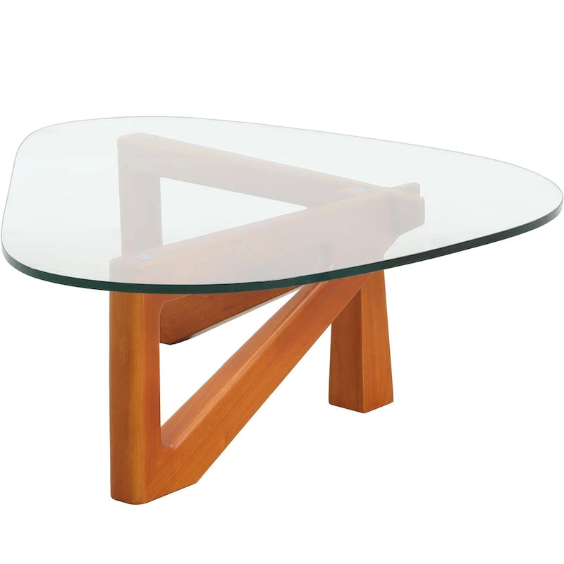 Mesa de centro decorativa triangular moderna de mediados de siglo de 36 pulgadas con tapa de cristal y base de madera para sala de estar