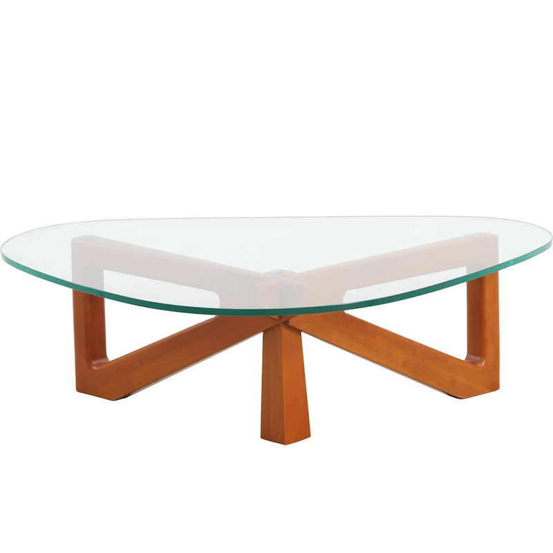 Mesa de centro decorativa triangular moderna de mediados de siglo de 36 pulgadas con tapa de cristal y base de madera para sala de estar