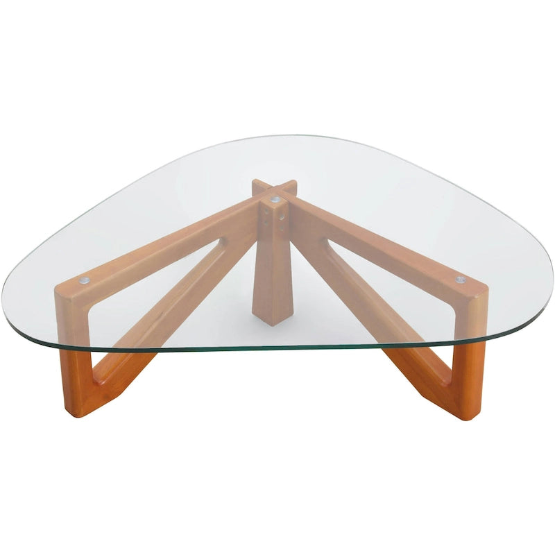 Mesa de centro decorativa triangular moderna de mediados de siglo de 36 pulgadas con tapa de cristal y base de madera para sala de estar
