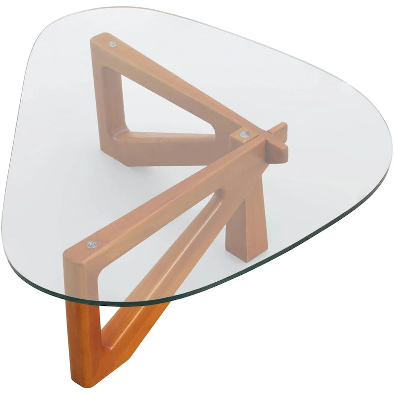 Mesa de centro decorativa triangular moderna de mediados de siglo de 36 pulgadas con tapa de cristal y base de madera para sala de estar