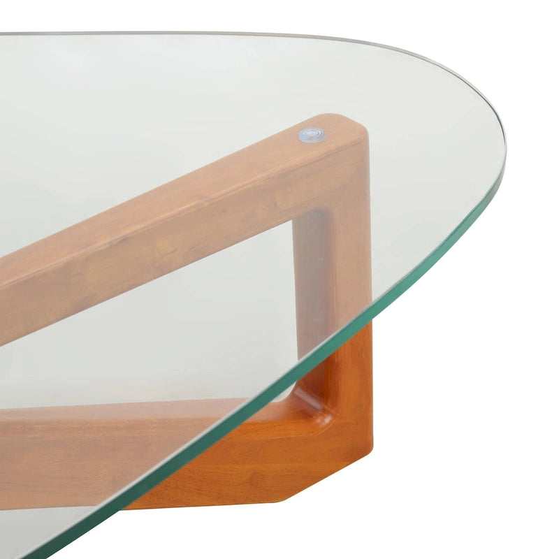 Mesa de centro decorativa triangular moderna de mediados de siglo de 36 pulgadas con tapa de cristal y base de madera para sala de estar
