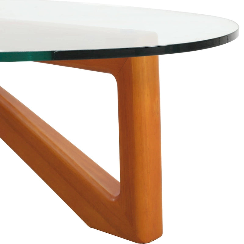 Mesa de centro decorativa triangular moderna de mediados de siglo de 36 pulgadas con tapa de cristal y base de madera para sala de estar
