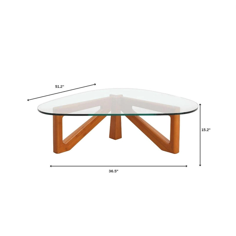 Mesa de centro decorativa triangular moderna de mediados de siglo de 36 pulgadas con tapa de cristal y base de madera para sala de estar