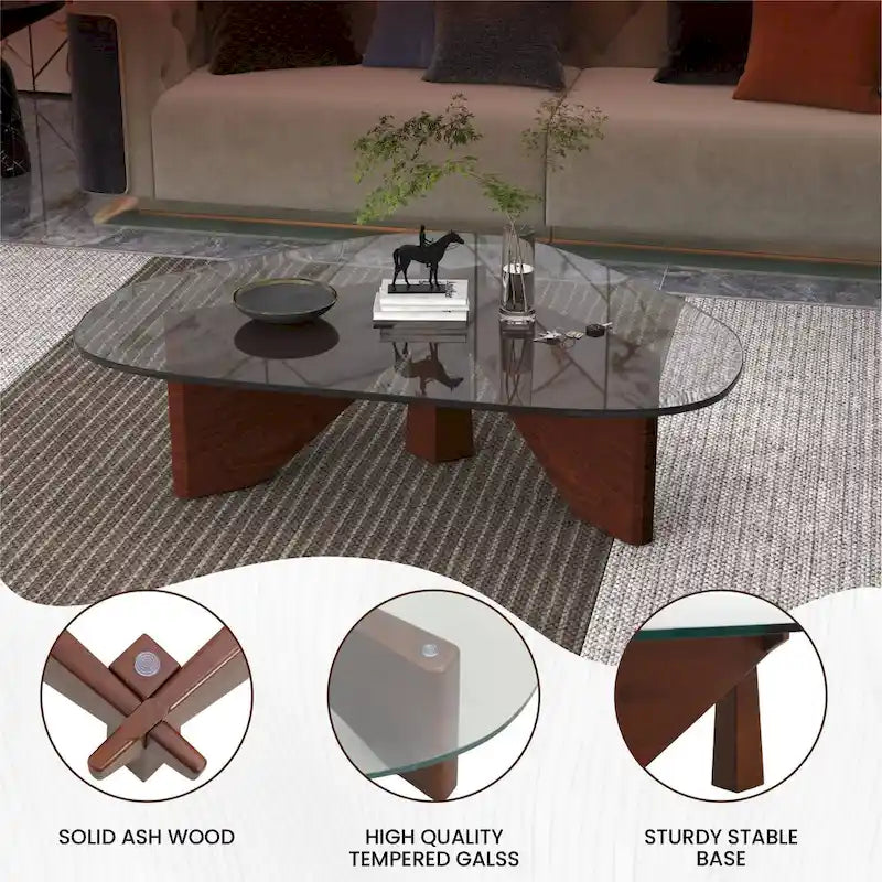 Mesa de centro decorativa triangular moderna de mediados de siglo de 36 pulgadas con tapa de cristal y base de madera para sala de estar