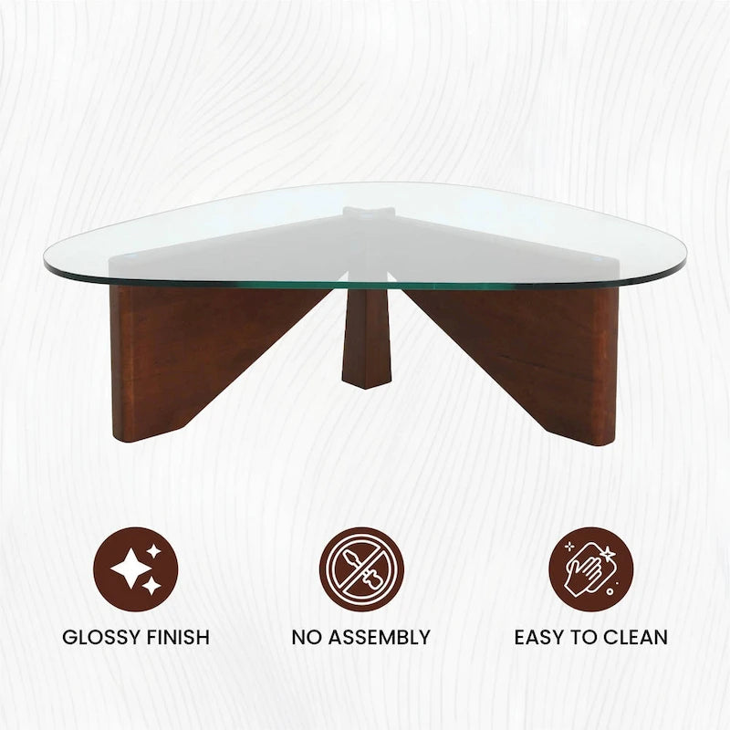Mesa de centro decorativa triangular moderna de mediados de siglo de 36 pulgadas con tapa de cristal y base de madera para sala de estar