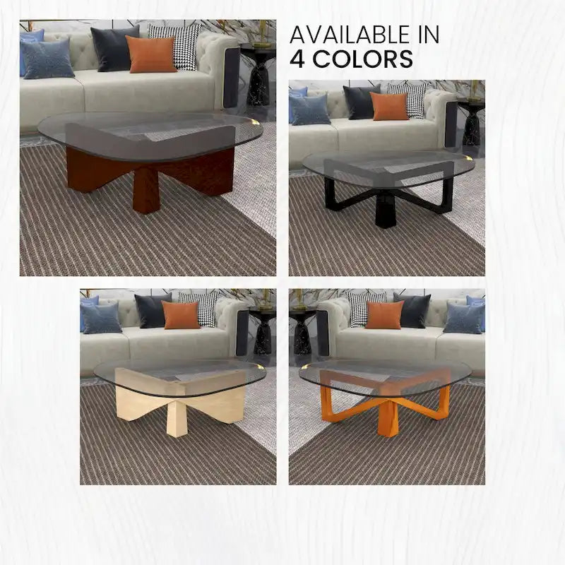 Mesa de centro decorativa triangular moderna de mediados de siglo de 36 pulgadas con tapa de cristal y base de madera para sala de estar