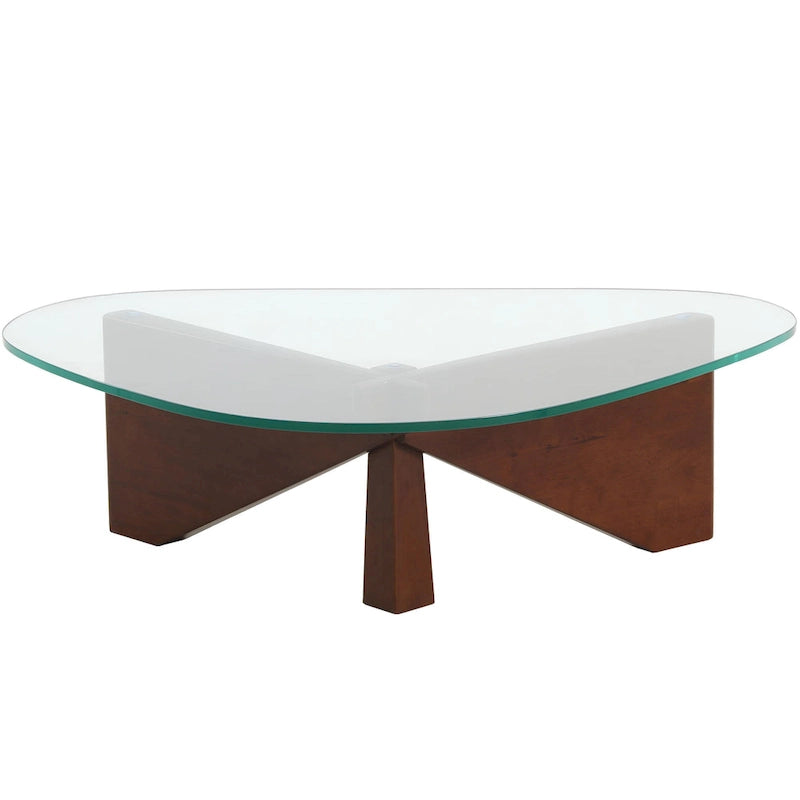 Mesa de centro decorativa triangular moderna de mediados de siglo de 36 pulgadas con tapa de cristal y base de madera para sala de estar