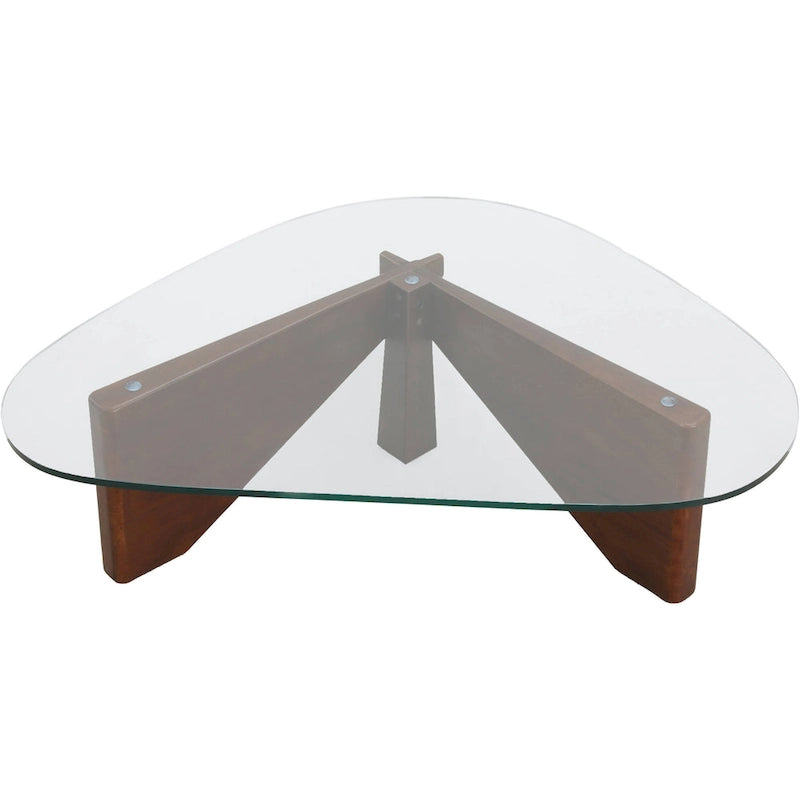 Mesa de centro decorativa triangular moderna de mediados de siglo de 36 pulgadas con tapa de cristal y base de madera para sala de estar