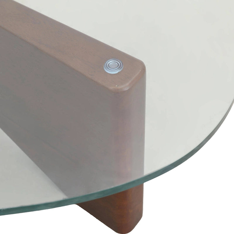 Mesa de centro decorativa triangular moderna de mediados de siglo de 36 pulgadas con tapa de cristal y base de madera para sala de estar