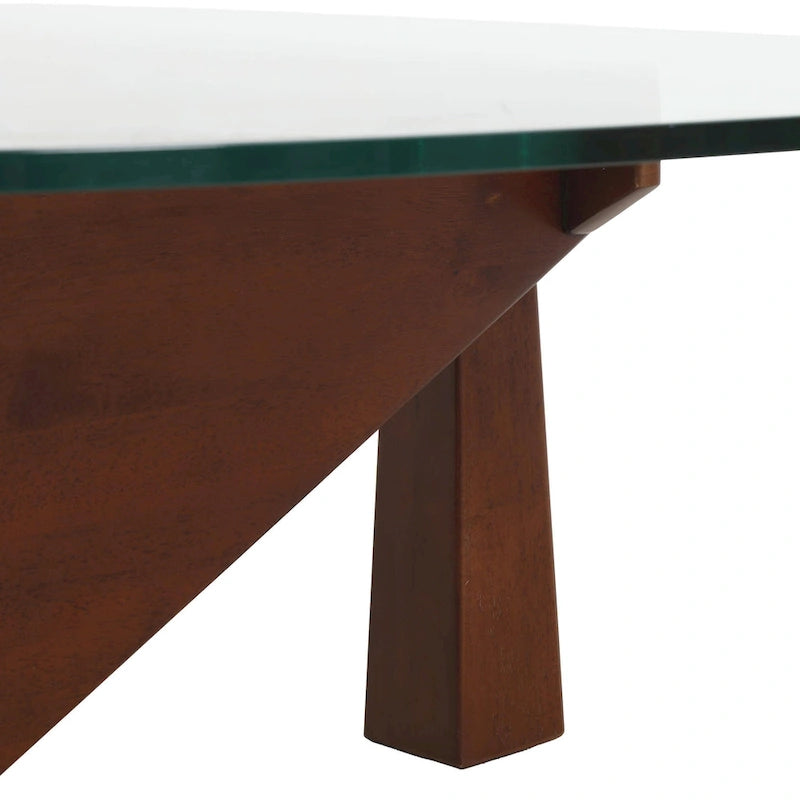 Mesa de centro decorativa triangular moderna de mediados de siglo de 36 pulgadas con tapa de cristal y base de madera para sala de estar