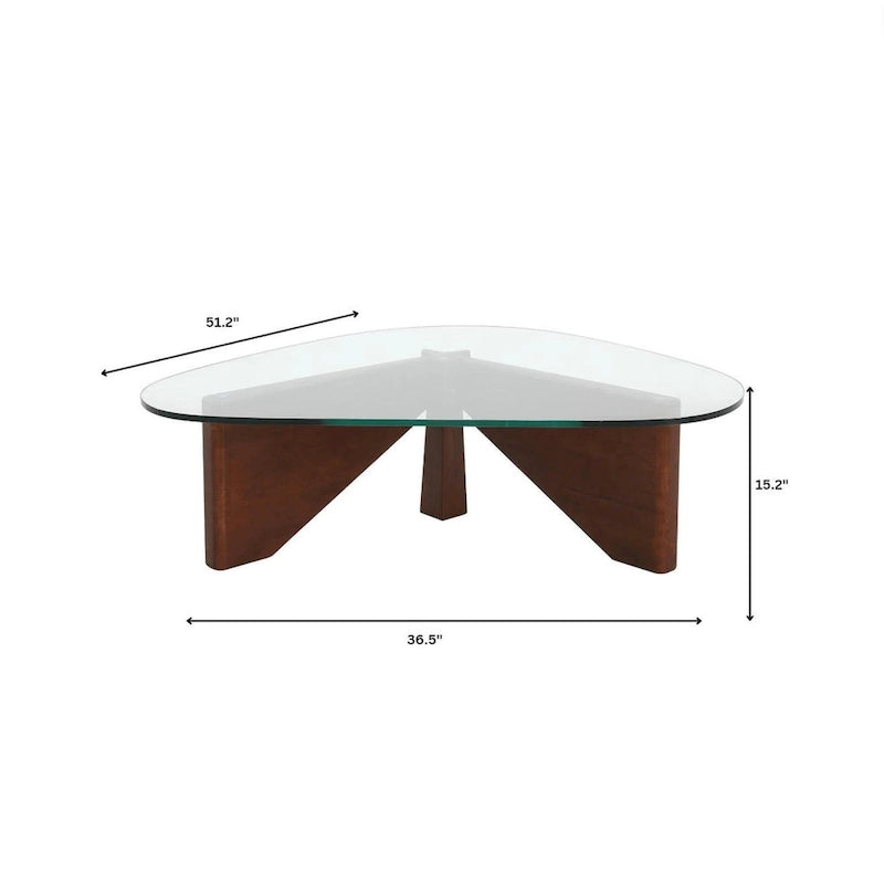 Mesa de centro decorativa triangular moderna de mediados de siglo de 36 pulgadas con tapa de cristal y base de madera para sala de estar