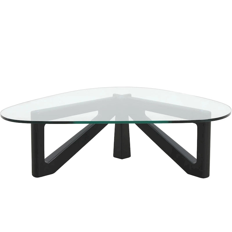 Mesa de centro decorativa triangular moderna de mediados de siglo de 36 pulgadas con tapa de cristal y base de madera para sala de estar