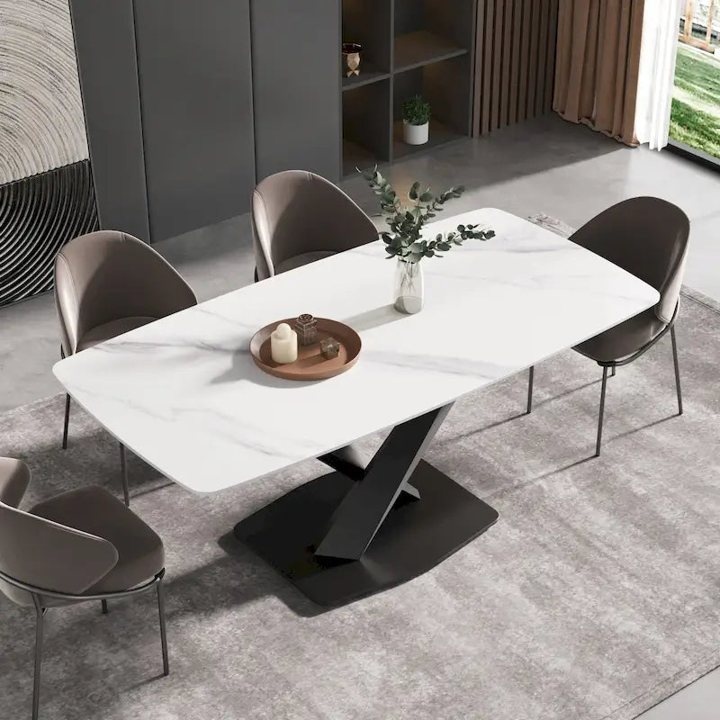 Mesa de Comedor de 71 Pulgadas con Tapa de Piedra Sinterizada y Patas de Metal