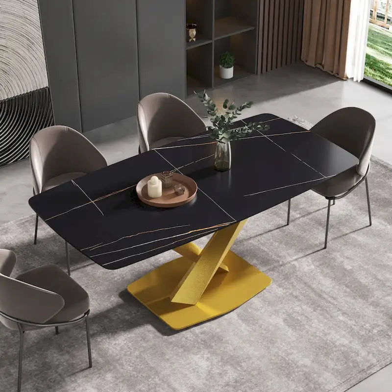 Mesa de Comedor de 71 Pulgadas con Tapa de Piedra Sinterizada y Patas de Metal