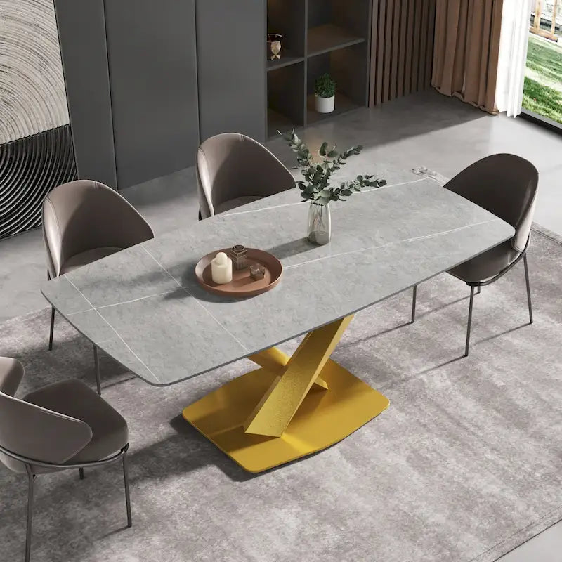 Mesa de Comedor de 71 Pulgadas con Tapa de Piedra Sinterizada y Patas de Metal