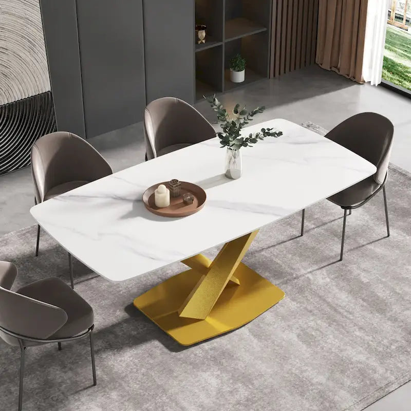 Mesa de Comedor de 71 Pulgadas con Tapa de Piedra Sinterizada y Patas de Metal