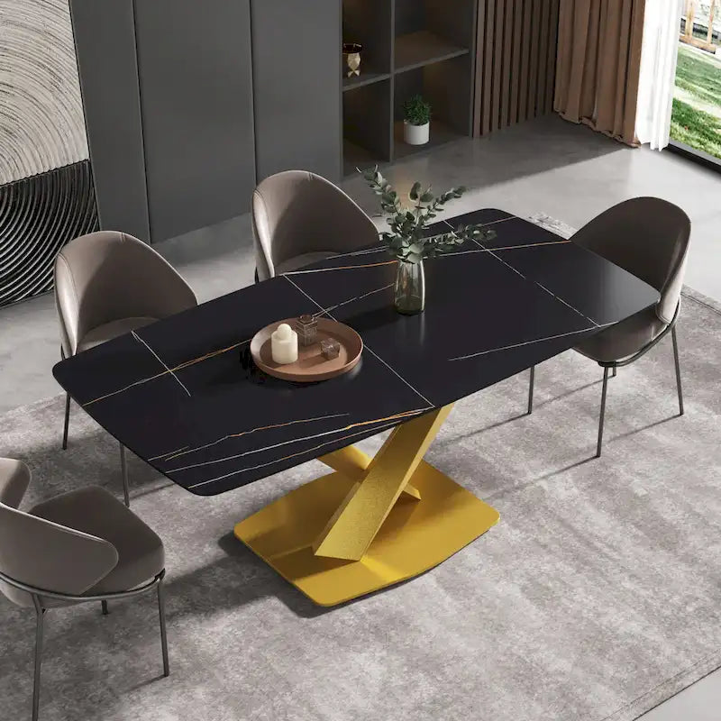 Mesa de Comedor de 71 Pulgadas con Tapa de Piedra Sinterizada y Patas de Metal