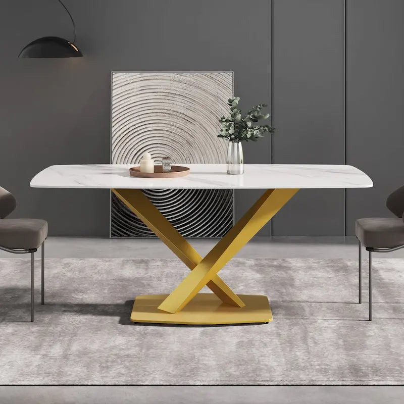 Mesa de Comedor de 71 Pulgadas con Tapa de Piedra Sinterizada y Patas de Metal