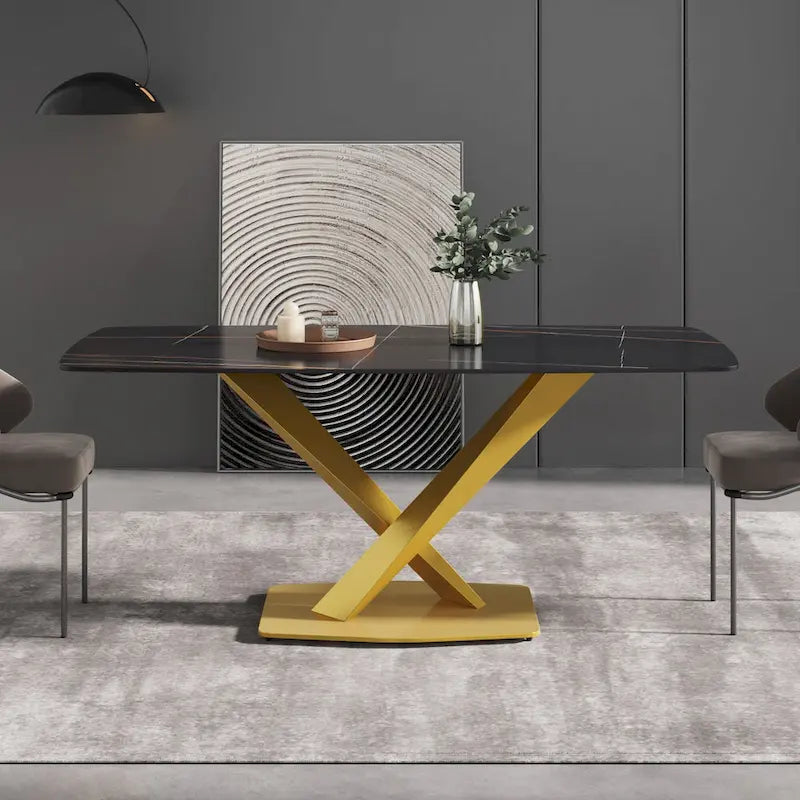 Mesa de Comedor de 71 Pulgadas con Tapa de Piedra Sinterizada y Patas de Metal